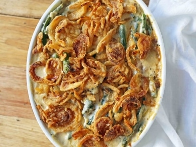 overview of green bean casserole on table