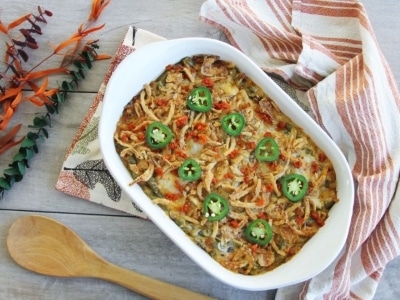 green bean casserole with jalapenos on top
