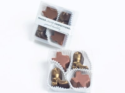 chocolate shaped like Texas and a cowboy boot