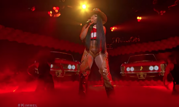 megan thee stallion on jimmy kimmel in a cowboy hat 2019