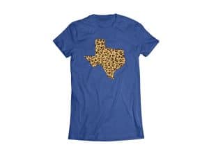 leopard print state of texas women's tshirt heather true royal
