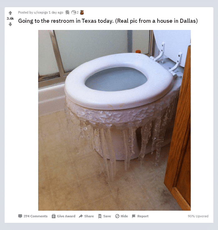 frozen toilet in dallas during 2021 winter storm