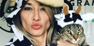 instagram cat lady and her cat in cow costumes