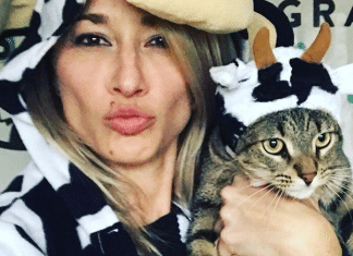 instagram cat lady and her cat in cow costumes