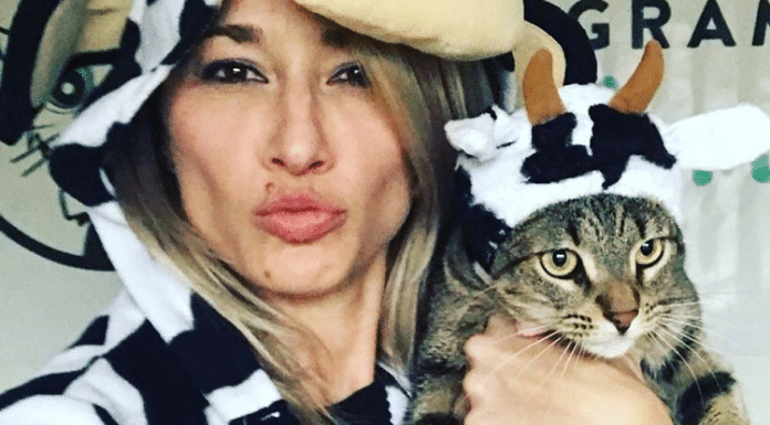 instagram cat lady and her cat in cow costumes