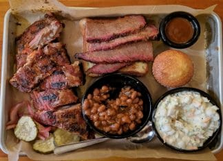 BBQ barbeque plate on a tray on a wooden table