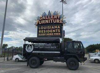 Houston Mattress Mack truck loaded with supplies for hurricane Ida victims outside Gallery Furniture store