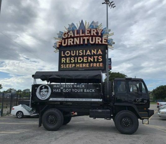 Houston Mattress Mack truck loaded with supplies for hurricane Ida victims outside Gallery Furniture store