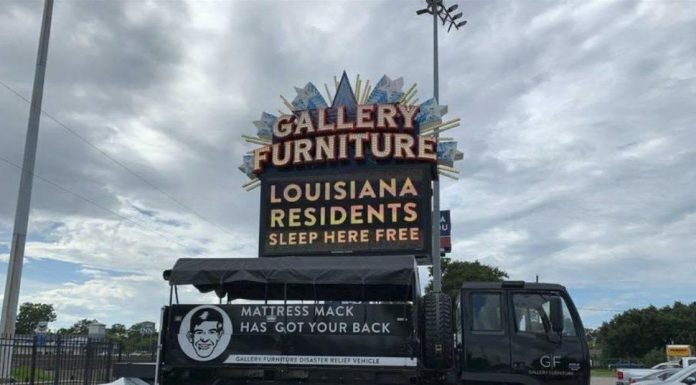 Houston Mattress Mack truck loaded with supplies for hurricane Ida victims outside Gallery Furniture store