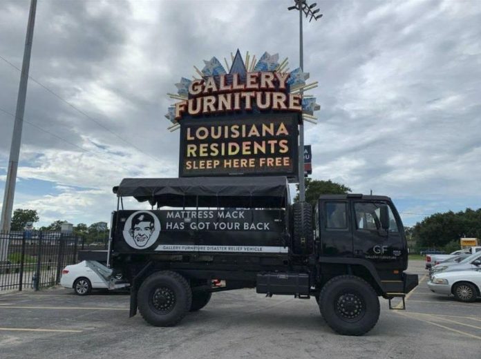 Houston Mattress Mack truck loaded with supplies for hurricane Ida victims outside Gallery Furniture store