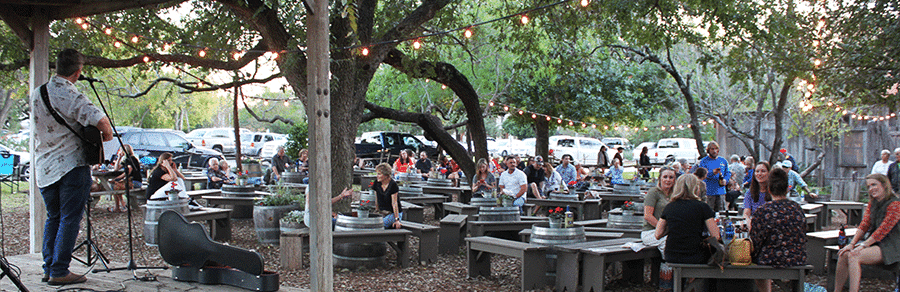 people sitting in a wine garden listening to live music performed on the stage