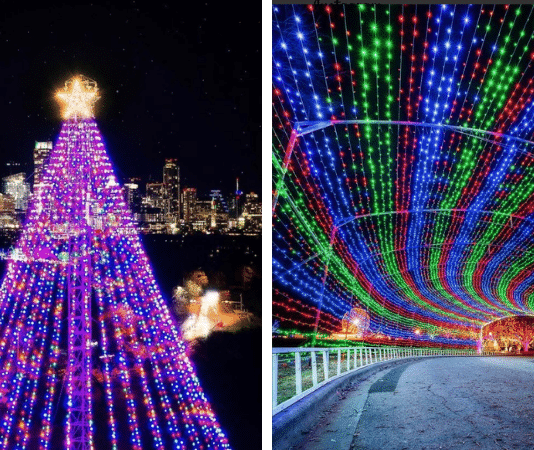 Austin Trail Lights christmas tree and light tunnel