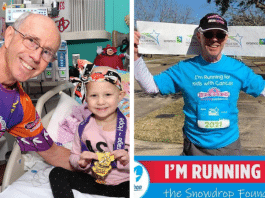 Larry DeSpain Texas runner smiling next to child cancer patient