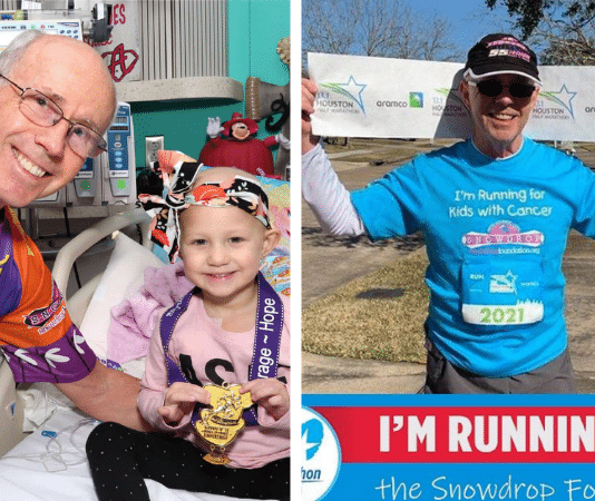 Larry DeSpain Texas runner smiling next to child cancer patient