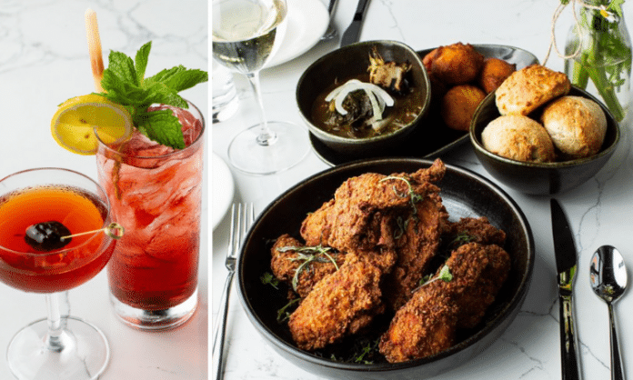 collage of fancy drinks and southern food on a table from Roots Southern Tables