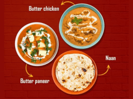 indian food on plates including butter chicken, butter paneer, and naan bread