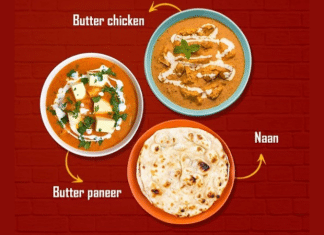 indian food on plates including butter chicken, butter paneer, and naan bread