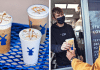 dutch bros coffee on a table and coffee in a walk-up drive-through