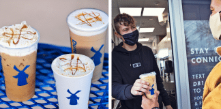 dutch bros coffee on a table and coffee in a walk-up drive-through