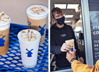 dutch bros coffee on a table and coffee in a walk-up drive-through