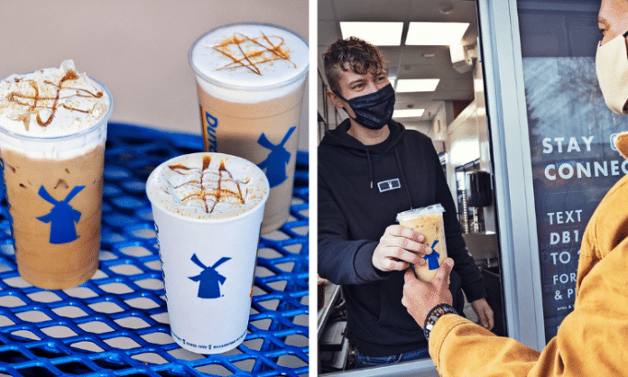 dutch bros coffee on a table and coffee in a walk-up drive-through