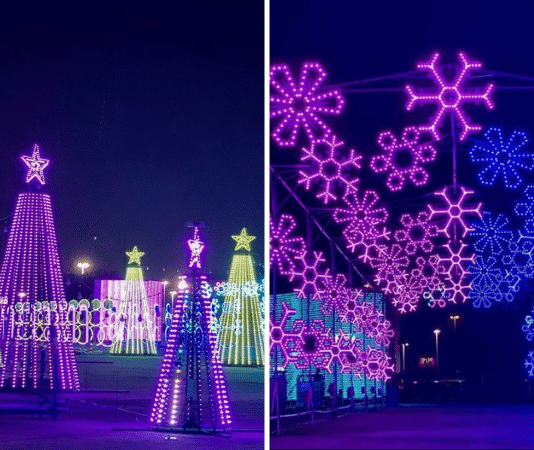 lighted christmas trees and overhead of Christmas lights of a drive-thru holiday event