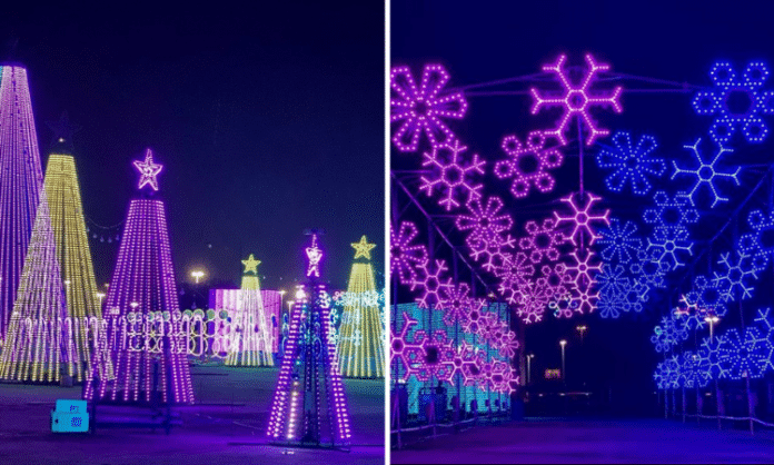 lighted christmas trees and overhead of Christmas lights of a drive-thru holiday event
