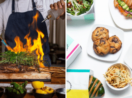left chef flaming fire steak and right array of bakery food items