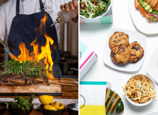 left chef flaming fire steak and right array of bakery food items