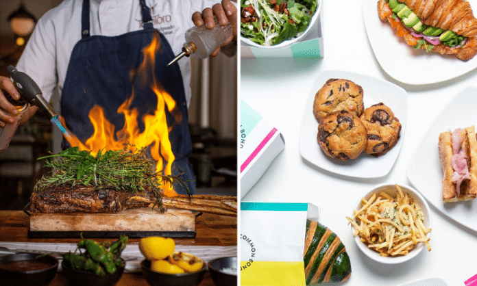 left chef flaming fire steak and right array of bakery food items