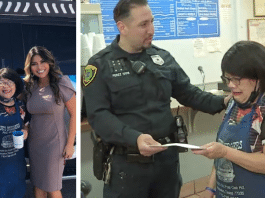 Mama Cue in houston being given a check by Houston police officer