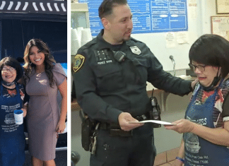 Mama Cue in houston being given a check by Houston police officer