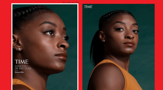 Simone Biles posing for Time Magazine's Athelte of the Year 2021