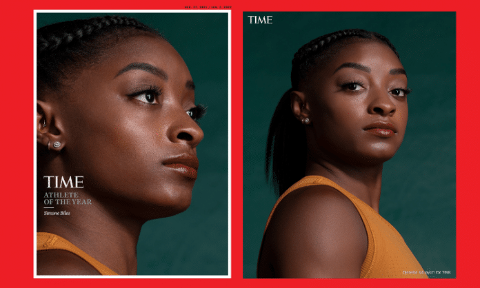 Simone Biles posing for Time Magazine's Athelte of the Year 2021