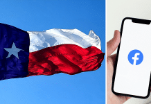 texas flag waving and facebook icon on a smartphone
