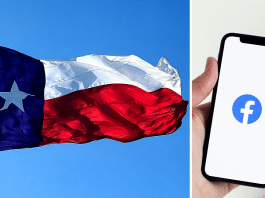 texas flag waving and facebook icon on a smartphone