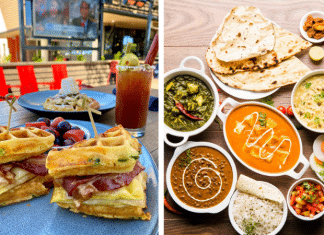 brunch food outside on a patio (left), array of Indian food on a table birds eye view