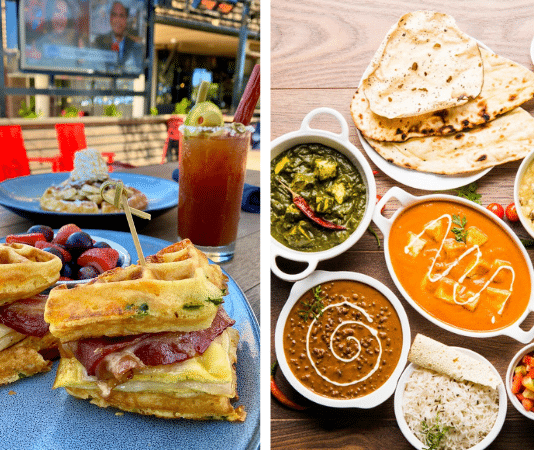 brunch food outside on a patio (left), array of Indian food on a table birds eye view