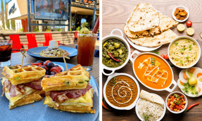 brunch food outside on a patio (left), array of Indian food on a table birds eye view