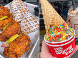 (left) chicken and waffle plate, (right) ice cream in a cup and shake