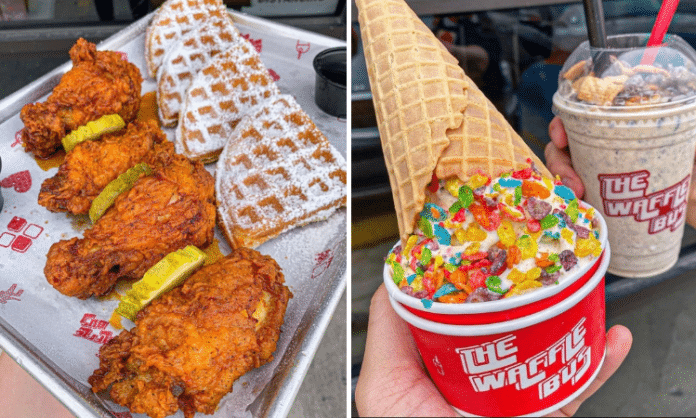 (left) chicken and waffle plate, (right) ice cream in a cup and shake