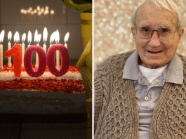 (left) 100 candle on a birthday cake (right) 100 year old man smiling