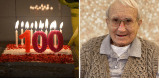 (left) 100 candle on a birthday cake (right) 100 year old man smiling
