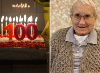 (left) 100 candle on a birthday cake (right) 100 year old man smiling