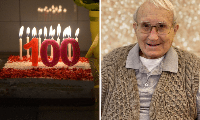 (left) 100 candle on a birthday cake (right) 100 year old man smiling