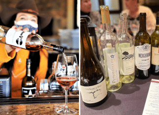 Experience 40+ Texas Hill Country Wines With Just One Ticket All February Long woman in a cowboy hat pouring wine and a line of open Texas Hill Country wines