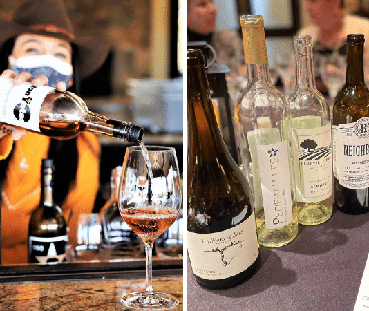 woman in a cowboy hat pouring wine and a line of open Texas Hill Country wines