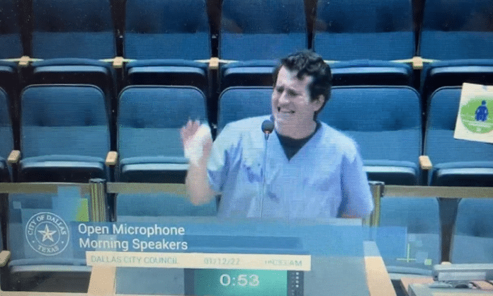 alex primetime stein rapping about vaccinations at dallas city council meeting