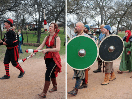 two people juggling and a group of people dressed in renaissance clothing