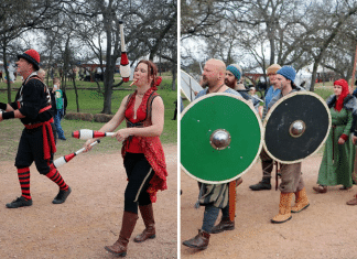 two people juggling and a group of people dressed in renaissance clothing